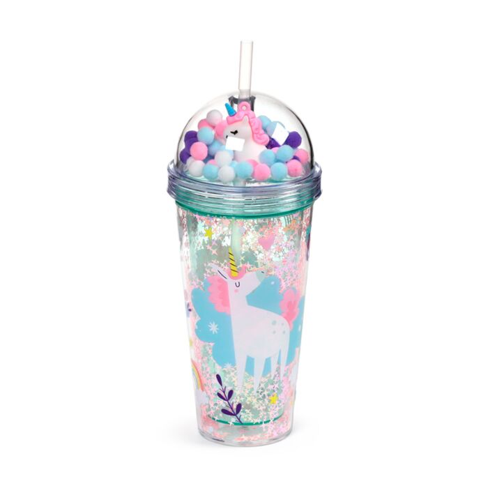 Vaso de Plástico de Doble Pared con Pajita y Adornos Unicornio Mágico