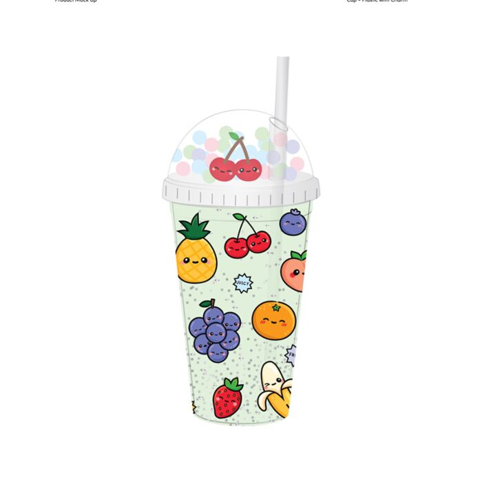 Vaso de Plástico de Doble Pared con Pajita y Adornos Foodiemals Frutas