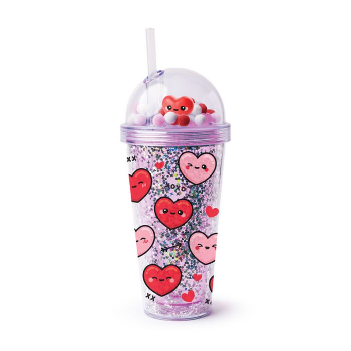 Vaso de Plástico de Doble Pared con Pajita y Adornos Corazones Amore