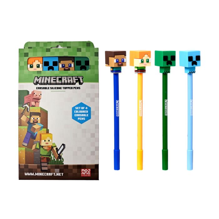 Set de 4 Bolígrafos Borrables con Tope de Silicona Chibi de Minecraft