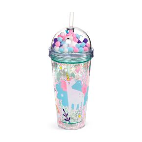 Vaso de Plástico de Doble Pared con Pajita y Adornos Unicornio Mágico
