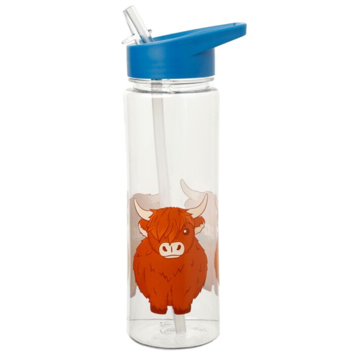 Botella de Agua con Pajita y Asa Vaca Escocesa de las Highlands Coo