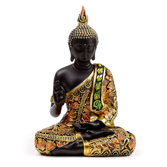Figura de Buda Negro y Naranja Dorado - Buda Tailandés Postura Meditación