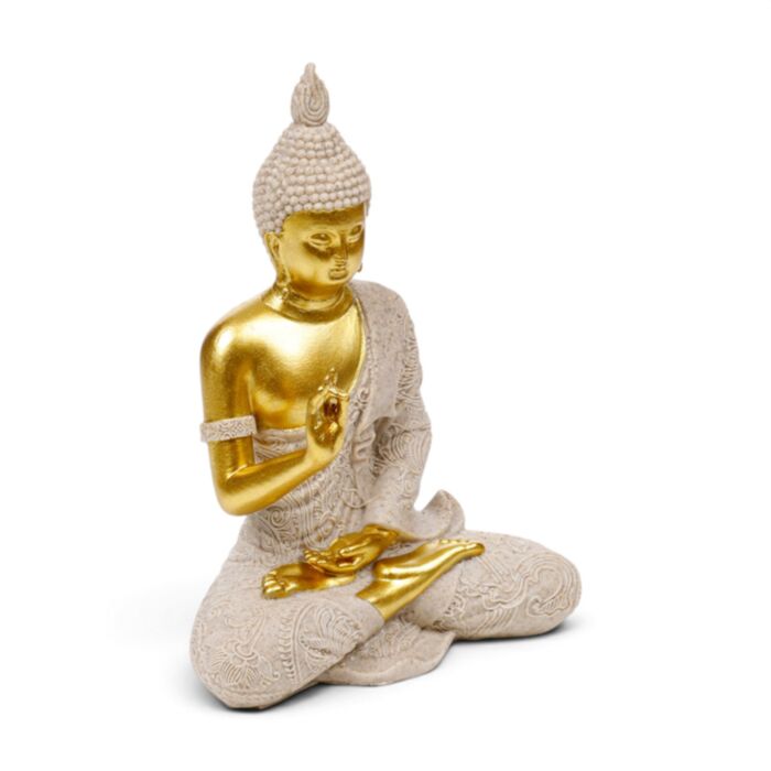 Figura de Buda Tailandés en meditación efecto piedra arenisca y dorado