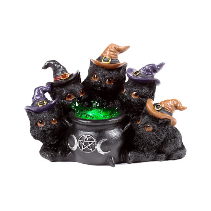 Figura Brujas Gato Negro en Caldero Burbujeante con Luz LED