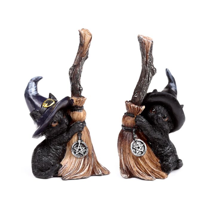 Figura Bruja Gato Negro con Escoba 