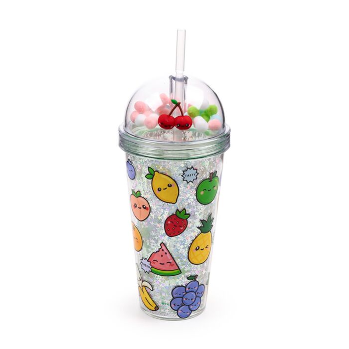 Vaso de Plástico de Doble Pared con Pajita y Adornos Foodiemals Frutas