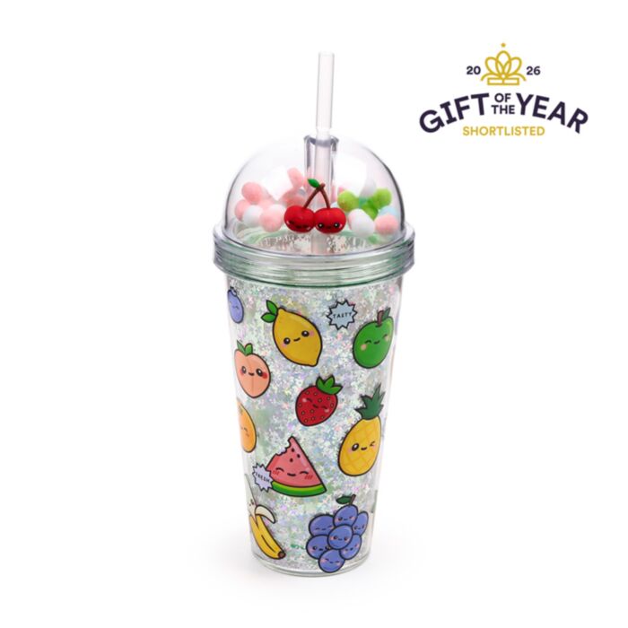 Vaso de Plástico de Doble Pared con Pajita y Adornos Foodiemals Frutas