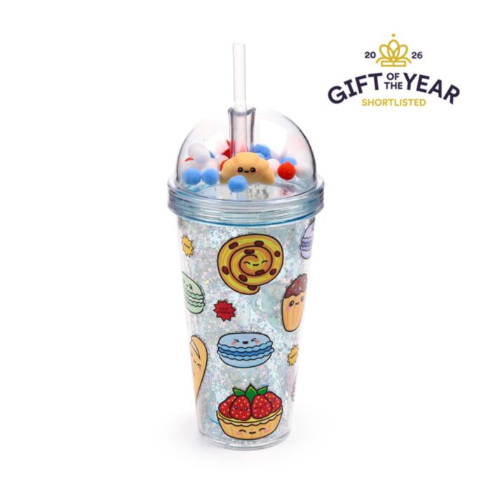 Vaso de Plástico de Doble Pared con Pajita y Adornos Foodiemals Boulangerie