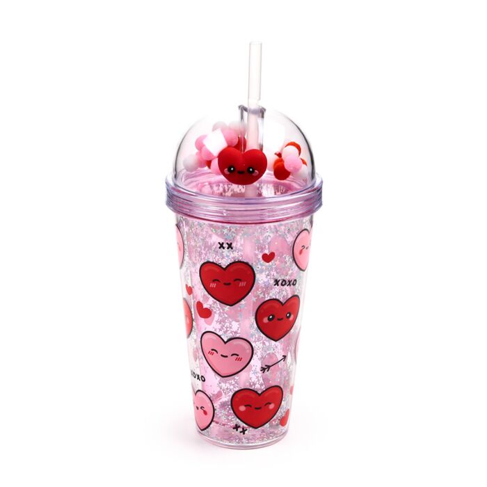 Vaso de Plástico de Doble Pared con Pajita y Adornos J´Adoramals Heart XOXO