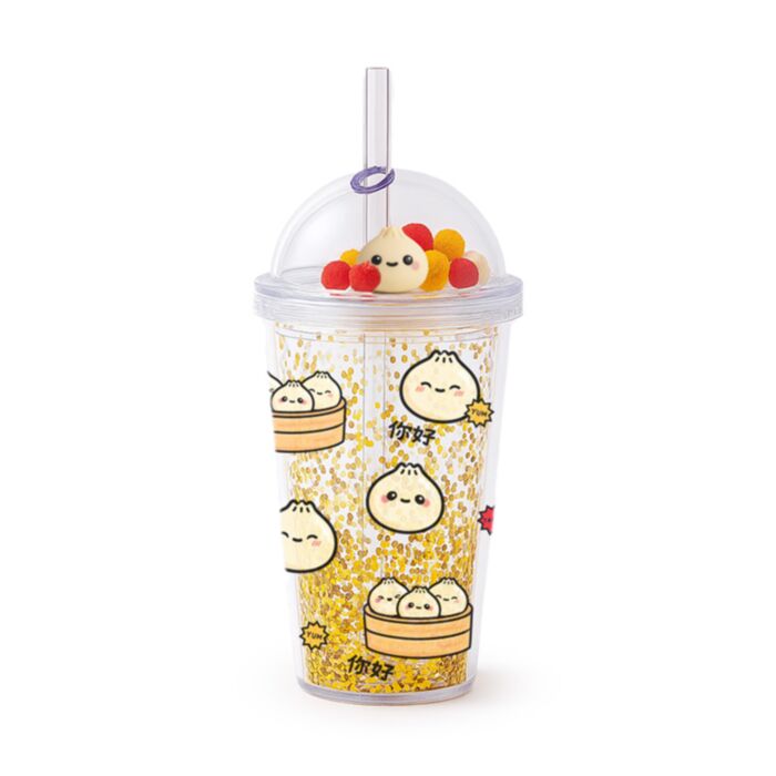 Vaso de Plástico de Doble Pared con Pajita y Adornos Bao House Bao Bun