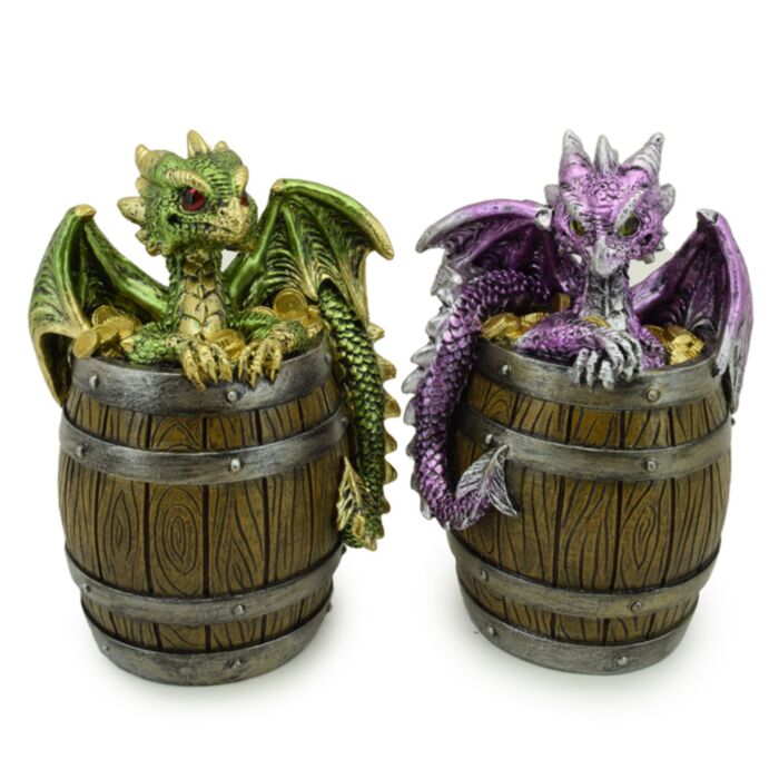 Figura de Dragón Bebé Dragón de los Elementos en Barril del Tesoro
