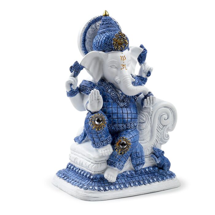 Figura Ganesh Blanca y Azul Postura Meditación