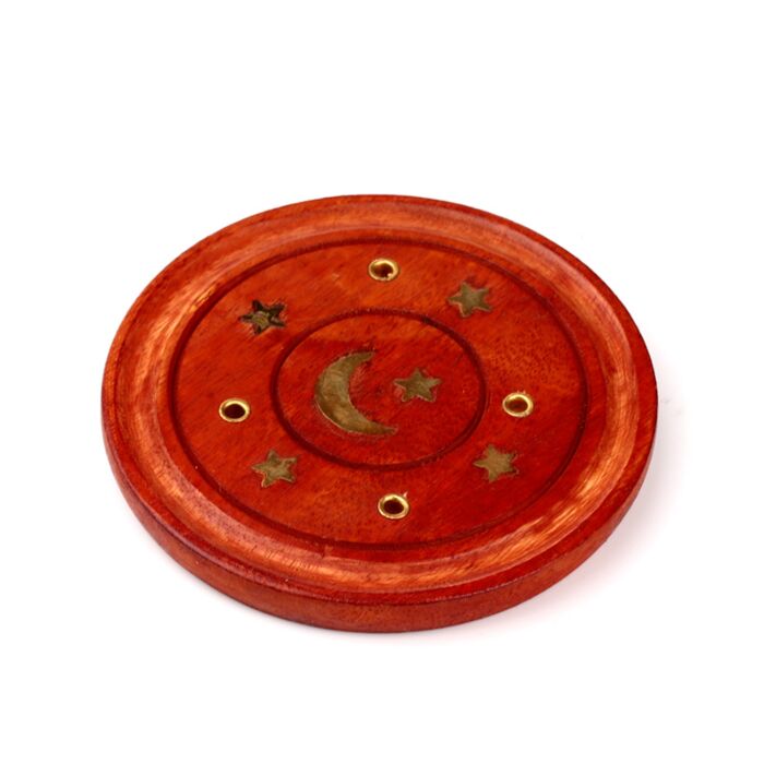 Quemador de Incienso Redondo de Madera de Mango Luna y Estrellas