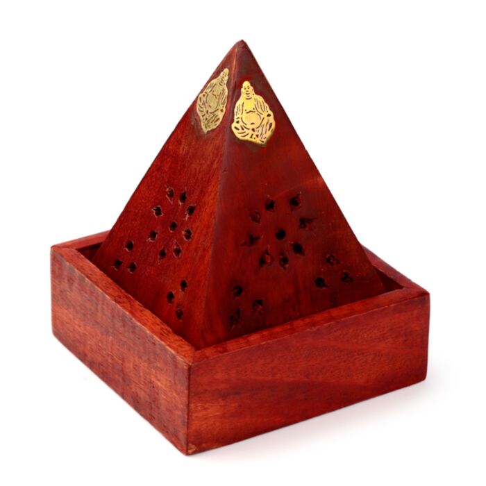Quemador de Incienso para Conos de Madera de Mango Caja Pirámide Buda y Tallado