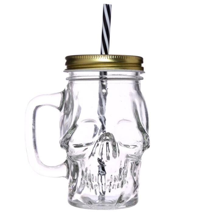 Jarra de Cristal con Tapa y Pajita Forma de Calavera