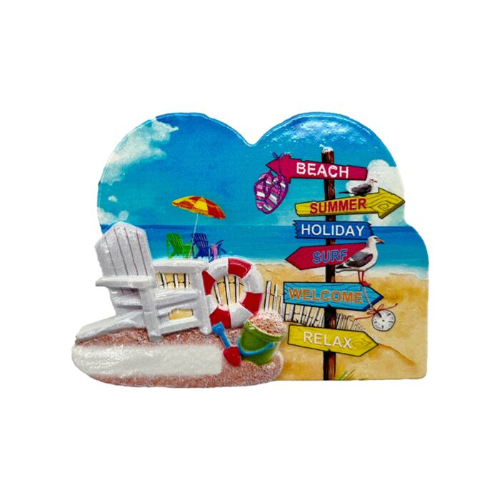 Imán de Souvenir de la Costa en forma de corazón - Señales de Playa y Tumbona 