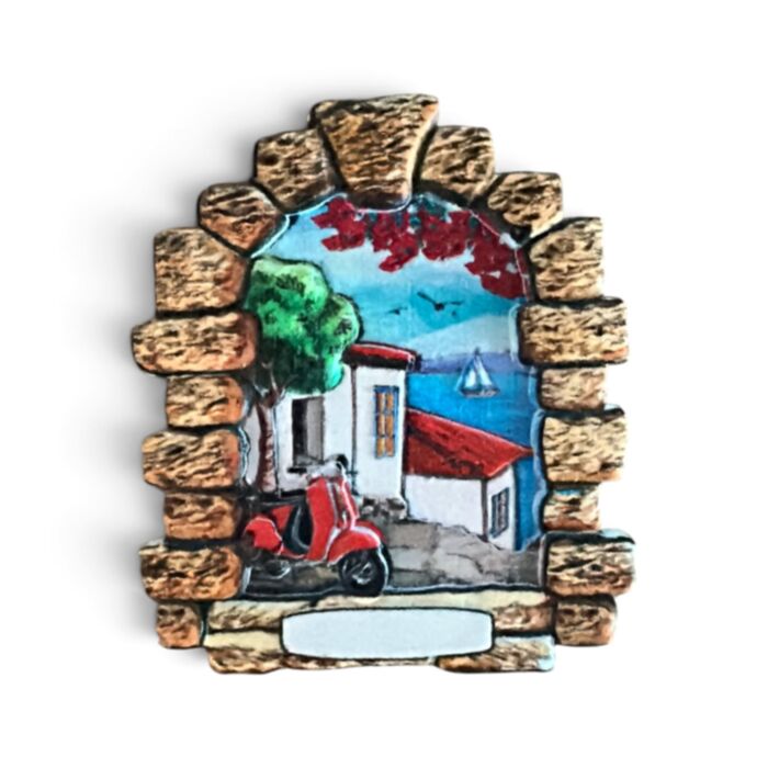 Imán de Souvenir de la Costa Ventana de Piedra con Scooter