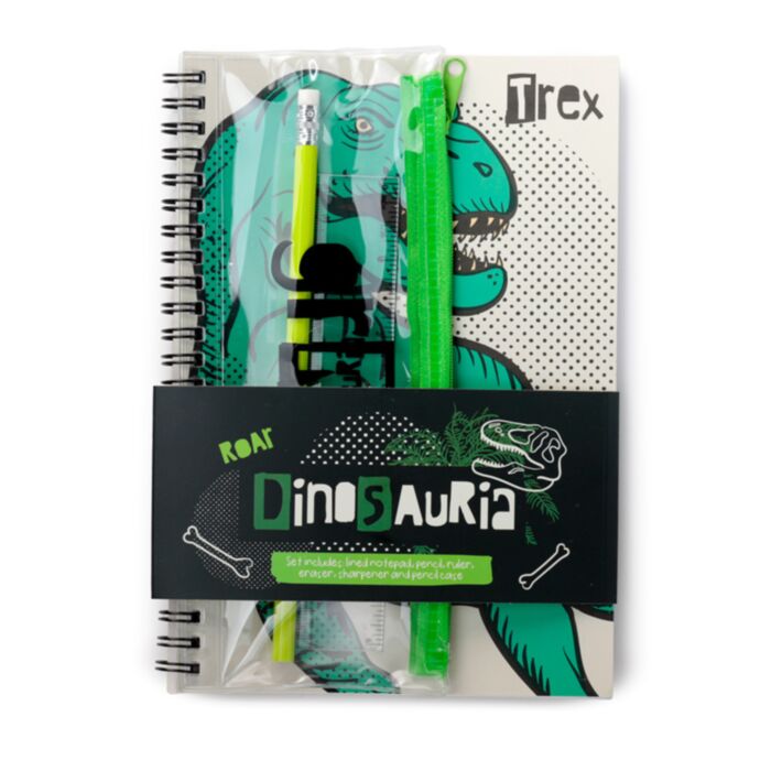 Libreta de Anillas y Estuche con 6 Artículos de Papelería Dinosaurio Dinosauria