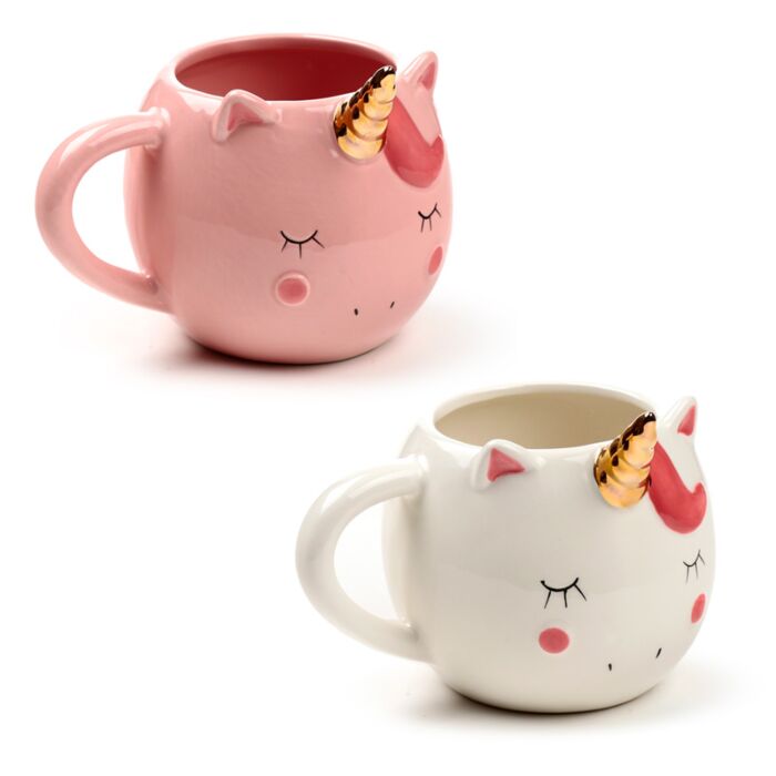 Taza Cerámica 3D con Forma Unicornio Arcoíris Rosa y Blanco