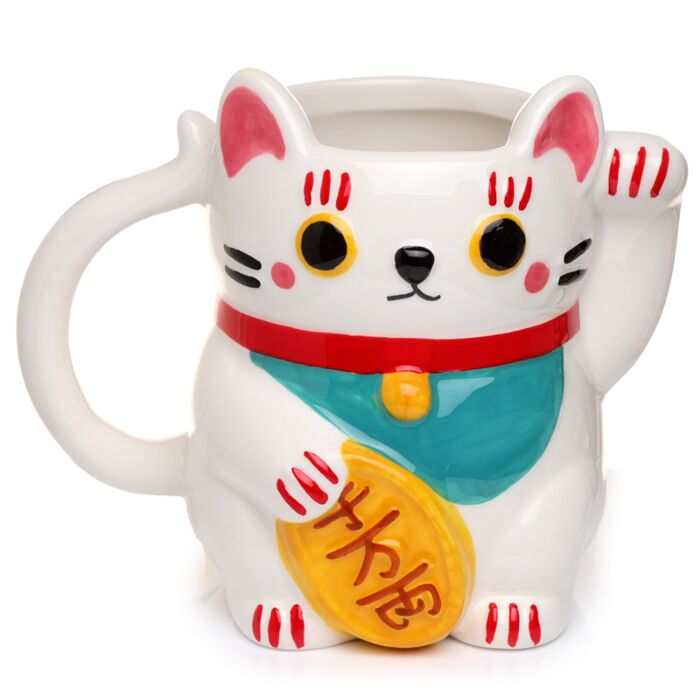 Taza de Cerámica 3D con Forma Gato Maneki Neko Blanco