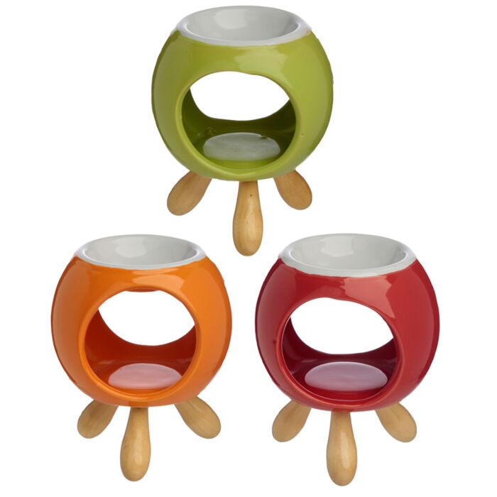 Quemador de Aceite de Cerámica Eden Redondo Colores Vivos y Pie de Madera