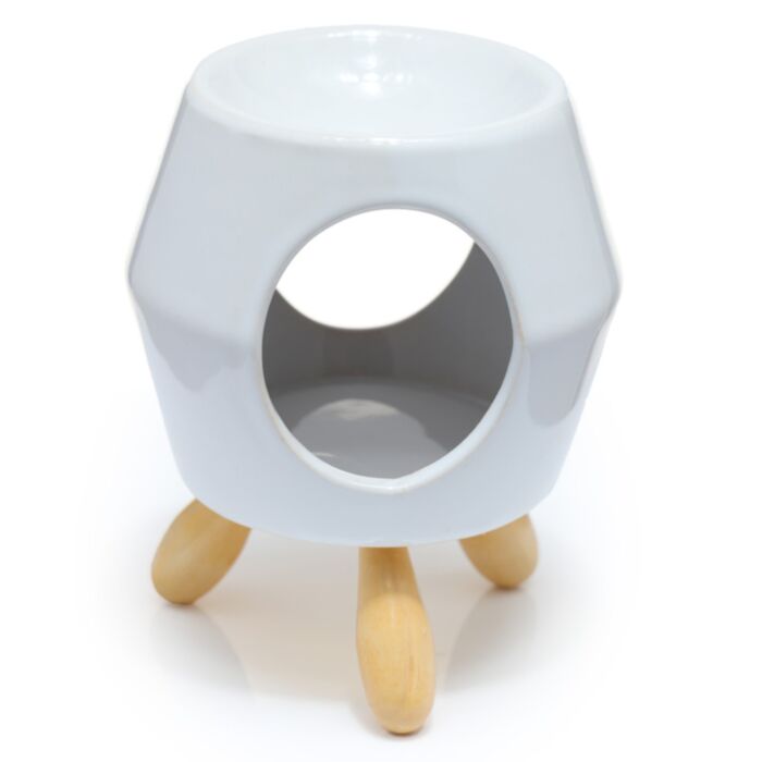 Quemador de Aceite de Cerámica Eden Geométrico Blanco y Pie de Madera