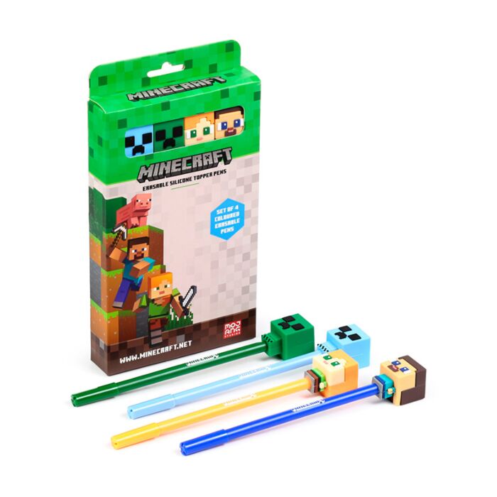 Set de 4 Bolígrafos Borrables con Tope de Silicona Chibi de Minecraft