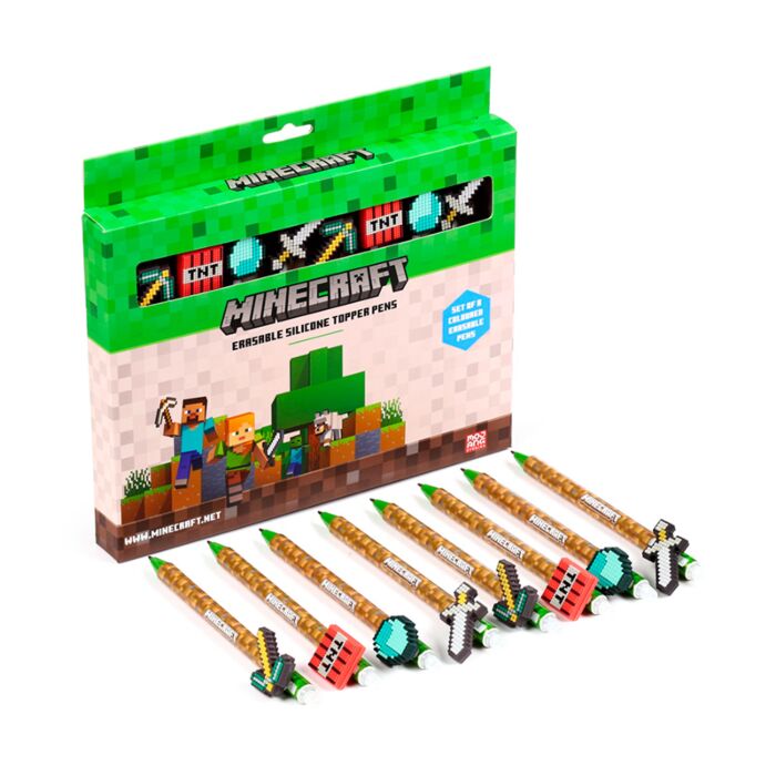 Set de 8 Bolígrafos Borrables con Tope de Silicona Minecraft