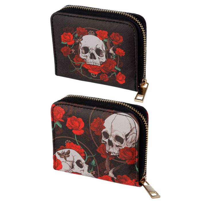 Cartera con Cremallera Calavera y Rosas Pequeña
