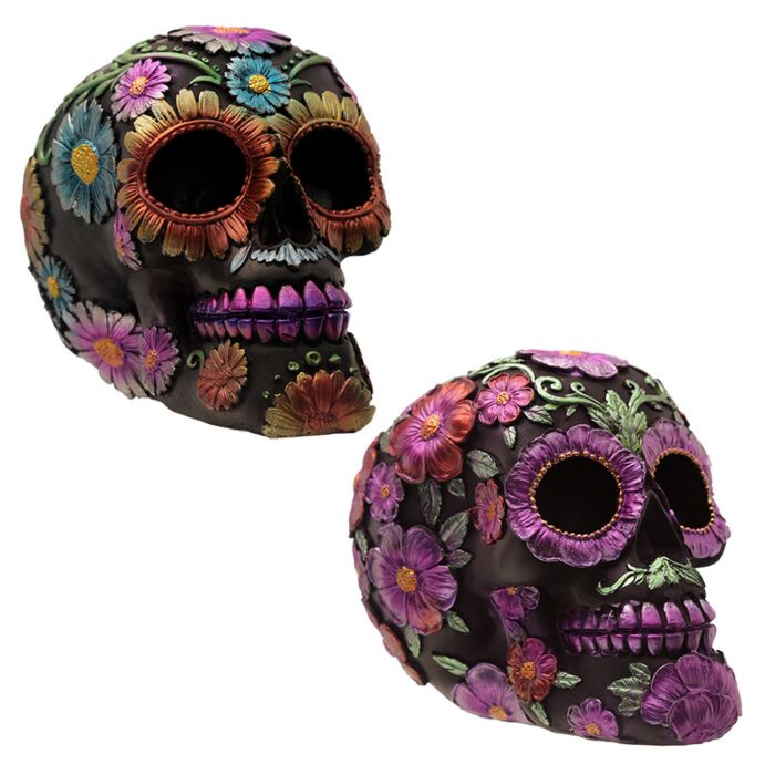 Figura Calavera Calavera Día de los Muertos Floral y Metálica