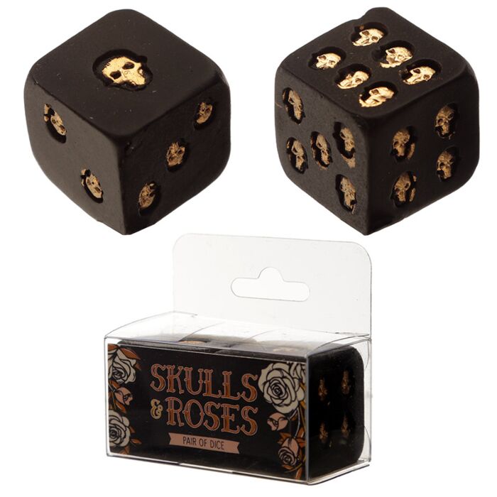 Juego de Dados Calavera y Rosas en Negro y Dorado Pack de 2