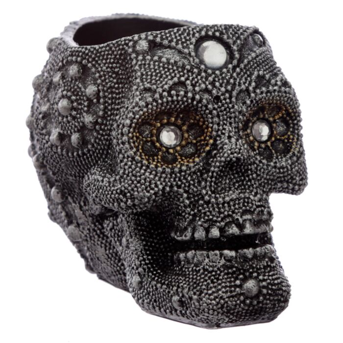 Portavelas Calavera Decorada en Plata