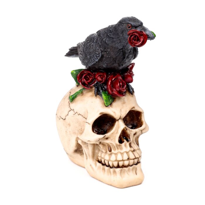 Figura Calavera con Cuervo y Rosas Rojas