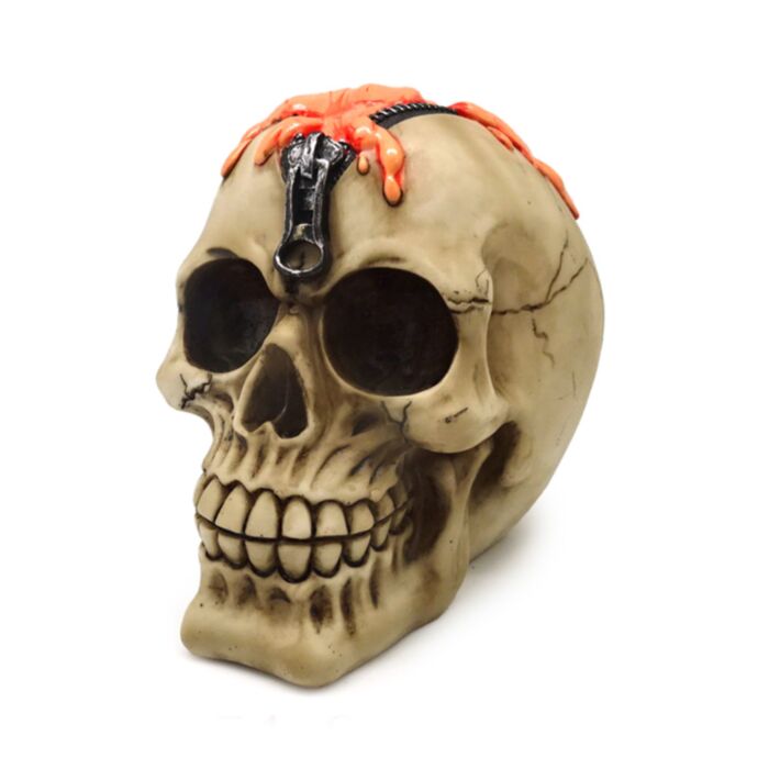 Figura Calavera con Cremallera en la Cabeza y Sesos Goteando
