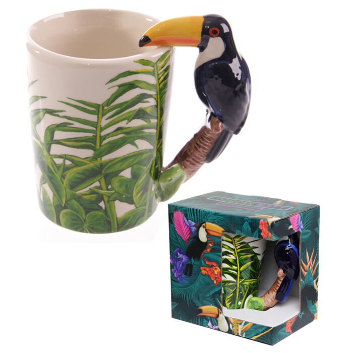 Taza de Cerámica Asa con Forma de Tucán y Decoración Jungla