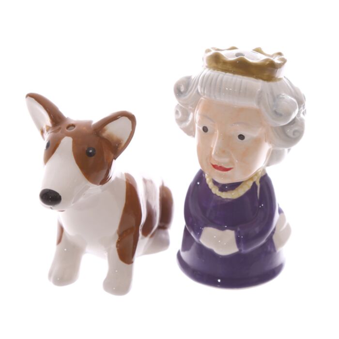Set de Salero y Pimentero Reina de Inglaterra y Perro Corgi