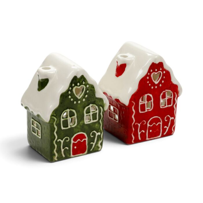 Portavelas de Té Casa de Jengibre Navidad - Rojo y Verde