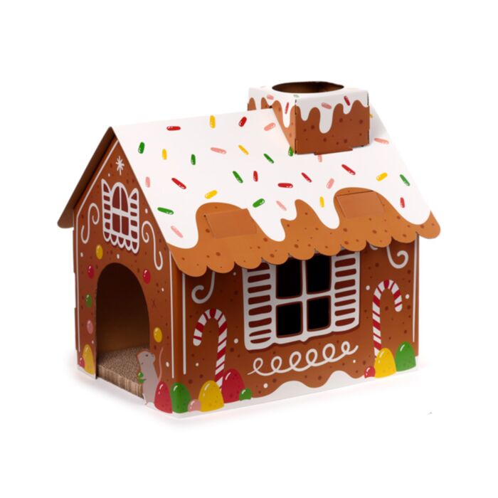 Casa de Juegos para Gatos DIY de Cartón Diseño Navideño Galleta de Jengibre