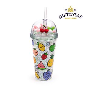 Vaso de Plástico de Doble Pared con Pajita y Adornos Foodiemals Frutas