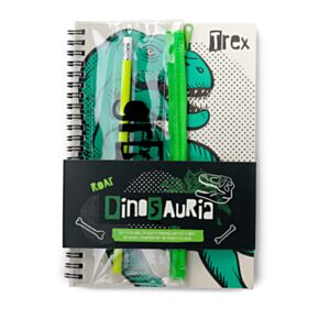 Libreta de Anillas y Estuche con 6 Artículos de Papelería Dinosaurio Dinosauria