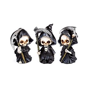 Set de 3 Figuras Mini Parca de la Muerte con Guadaña Set de 3 Figuras Mini Parca de la Muerte con Guadaña