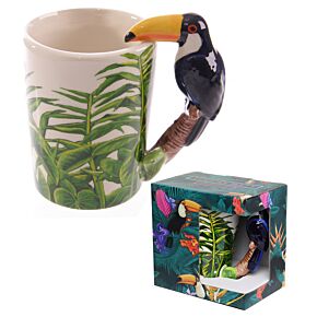 Taza de Cerámica Asa con Forma de Tucán y Decoración Jungla Taza de Cerámica Asa con Forma de Tucán y Decoración Jungla